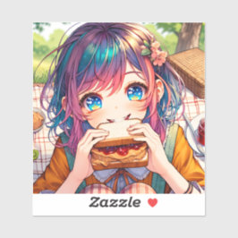 Adesivo Menina de Animação Bonita comendo uma Manteiga de