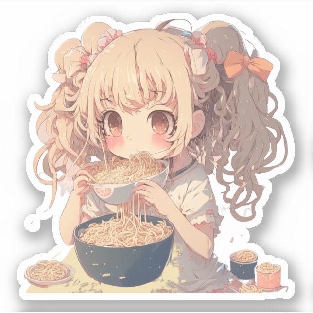 Adesivo Menina de Animação Comendo Ramen Noodles (Frente)