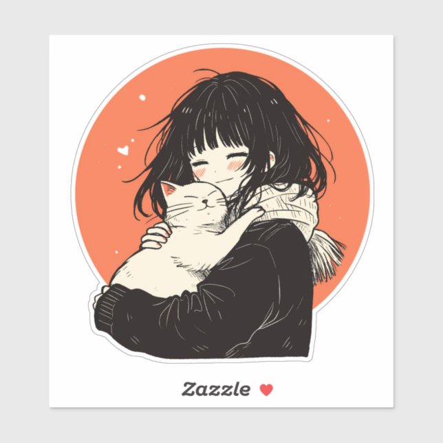 Adesivo Menina de animação Kawaii com gato branco (Folha)