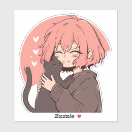 Adesivo Menina de animação Kawaii com gato preto no backgr
