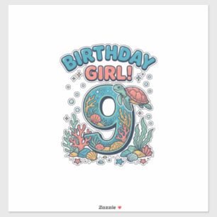 Adesivo Menina de Aniversário 9 Tartaruga Marinha Vetor De