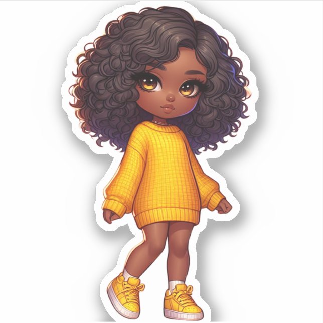 Adesivo Menina negra bonito chibi em amarelo (Frente)