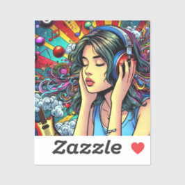 Adesivo Menina ouvindo música em Fones de ouvido Psicodéli