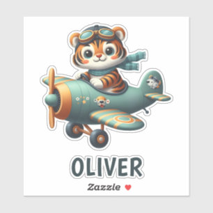 Adesivo Menino Fofo de Tigre Voando Avião Personalizado