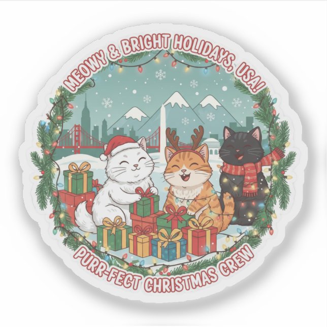 Adesivo Meowy Christmas Cats – Bright Holiday Fun USA Stic (Frente)