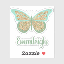 Adesivo Mint Green Glittery Dourado Butterfly Name