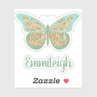 Adesivo Mint Green Glittery Dourado Butterfly Name