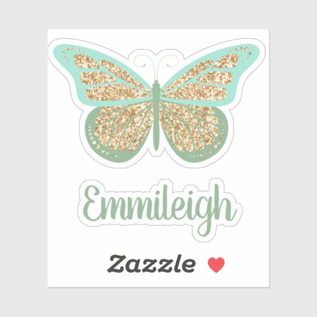 Adesivo Mint Green Glittery Dourado Butterfly Name (Folha)