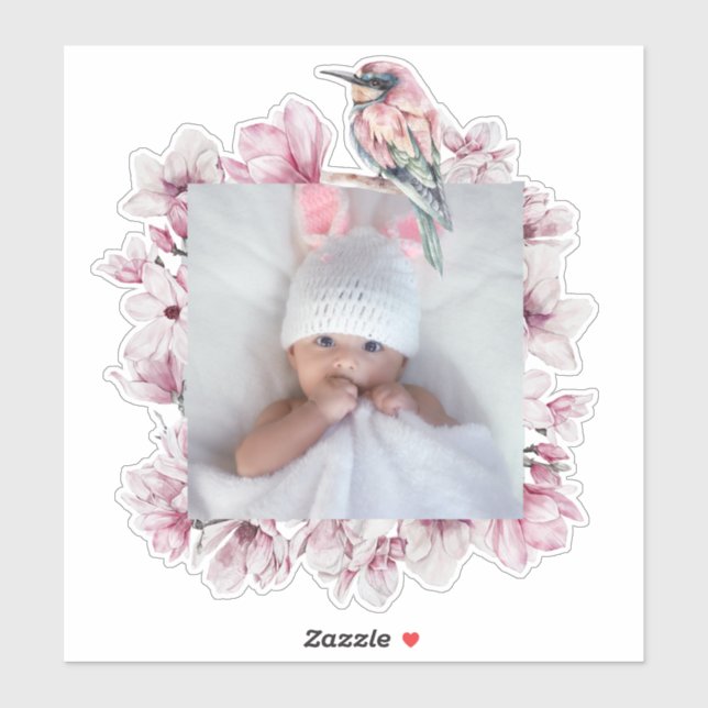 Adesivo Moldura personalizada de pássaro e flores para adi (Folha)