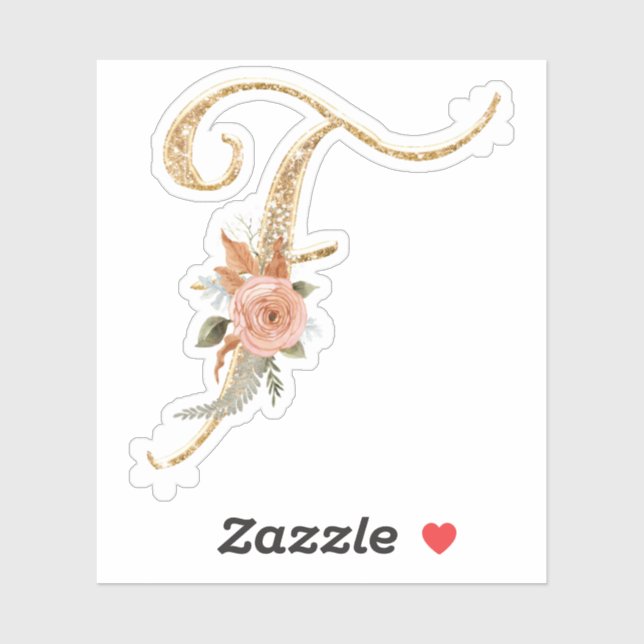 Adesivo Monograma Inicial F Glitter Dourado Peony Rosa Flo (Folha)