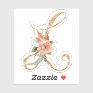 Adesivo Monograma Inicial L Leve Dourada Peony Rosa Floral