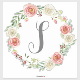Adesivo Monograma - Letra S Watercolor Rosa Floral Wreath