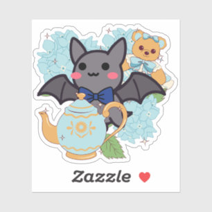 Adesivo Morcego Kawaii, Bule de Chá Vintage e Urso de Pelú