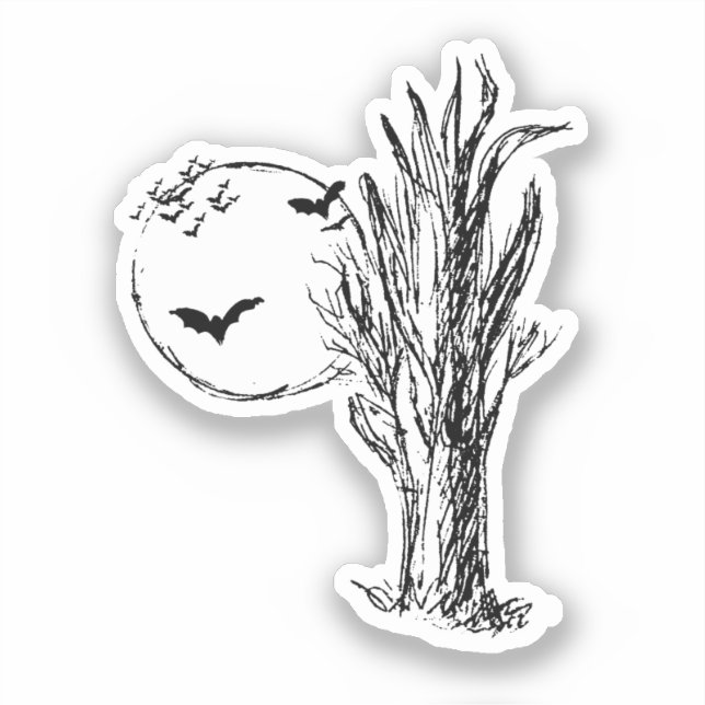 Adesivo Morcegos, uma Árvore Morta, Lua Cheia Halloween (Frente)