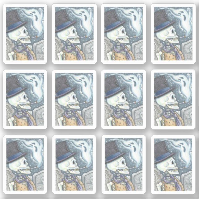 Adesivo Morto ESQUELETON FUMAR FANTASIA EM CEMETERIA (Frente)