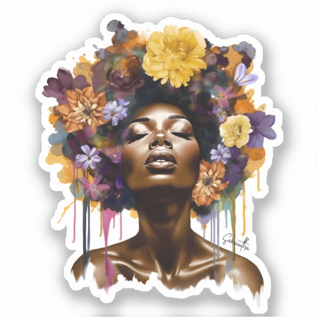 Adesivo Mulher afro-americana com cabelo afro floral (3) (Frente)