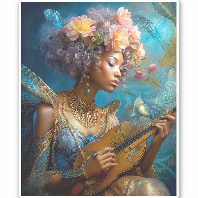 Adesivo Mulher Jogando Lute African American Fantasy Art (Frente)