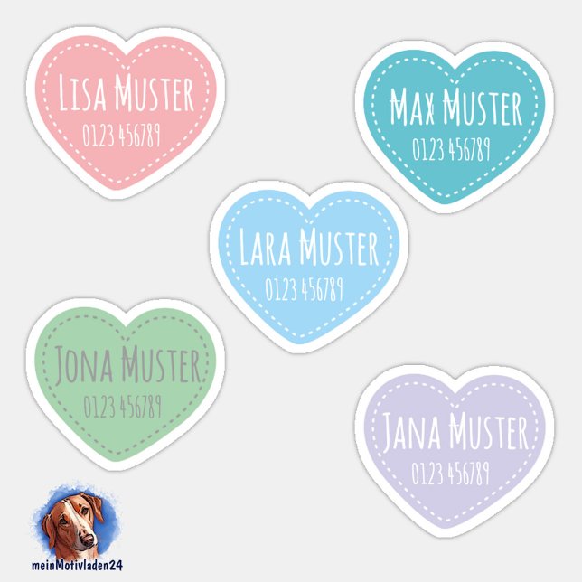 Adesivo Namensaufkleber Kleine Herzen | Form - Aufkleber (Konturgeschnittene Namensaufkleber für Kinder - Kleine Herzen in Pastellfarben - personalisierbar )