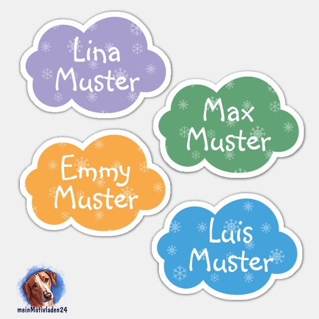 Adesivo Namensaufkleber Kleine Wolken Schneestern | Form - (Konturgeschnittener Namensaufkleber für Kinder - Kleine Wolken in Pastellfarben - personalisierbar )