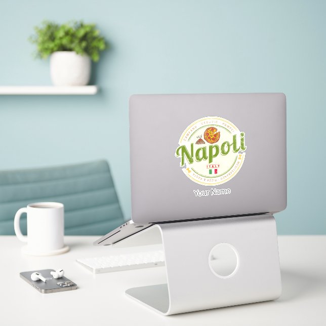 Adesivo Nápoles Itália Retro Vesúvio E Pizza Vintage (Laptop na mesa)