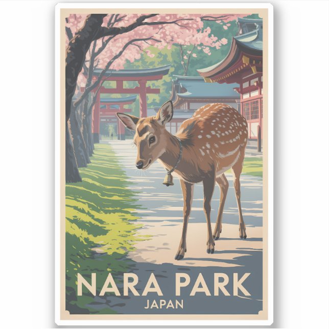 Adesivo Nara Park Japan Deer Illustration Travel Art Retro (Frente)
