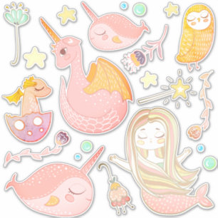 Adesivo Narwhals, sereia, dragão, coruja, amigos mágicos