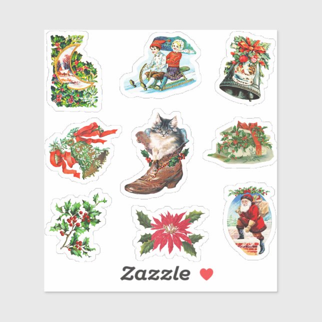 Adesivo Natal Antigo Vitoriano Azevinho,Sininhos,Papai Noe (Folha)