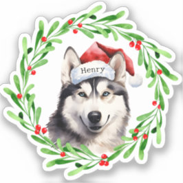 Adesivo Natal Cachorro Siberian Husky Santa Hat Holiday