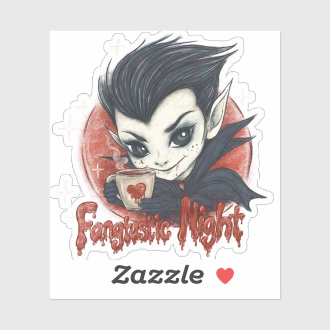 Adesivo Noite fantástica. Vampiro bonito com uma xícara de (Folha)