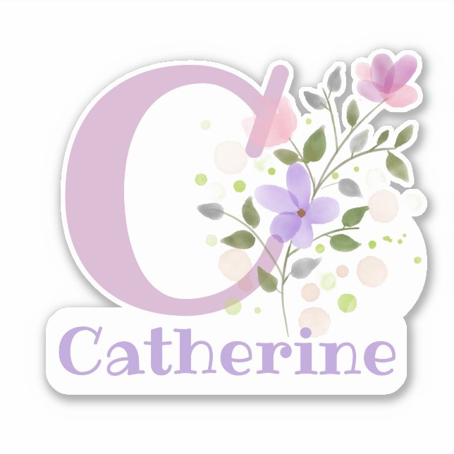 Adesivo Nome Catherine mais Inicial com Floral Design (Frente)