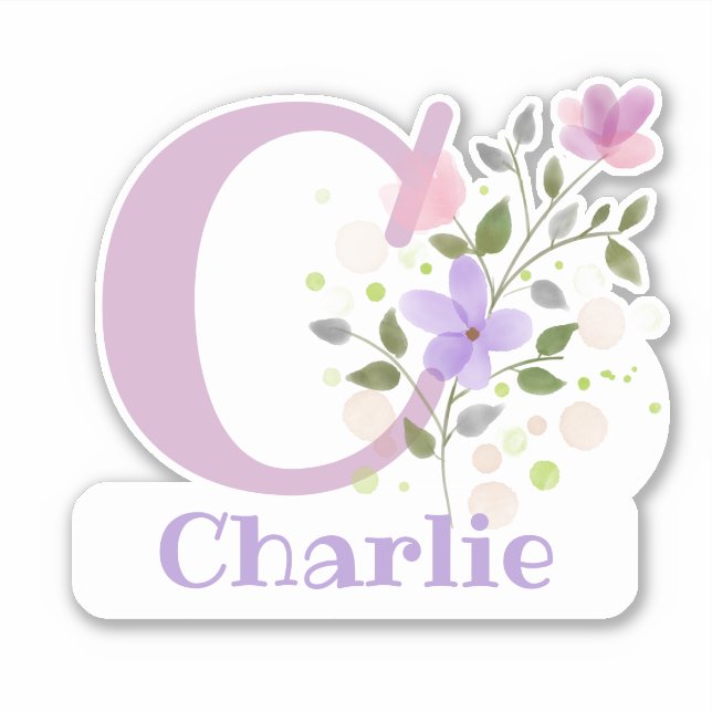 Adesivo Nome Charlie mais inicial com Floral Design (Frente)
