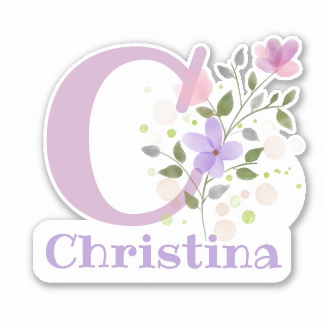 Adesivo Nome Christina & Inicial com Floral Design (Frente)