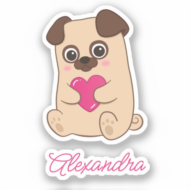 Adesivo Nome de Pug Cardíaco Rosa Kawaii Cute Personalizad (Frente)