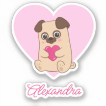 Nome de Pug Cardíaco Rosa Kawaii Cute Personalizad