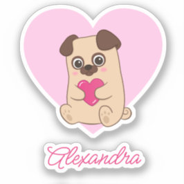 Adesivo Nome de Pug Cardíaco Rosa Kawaii Cute Personalizad