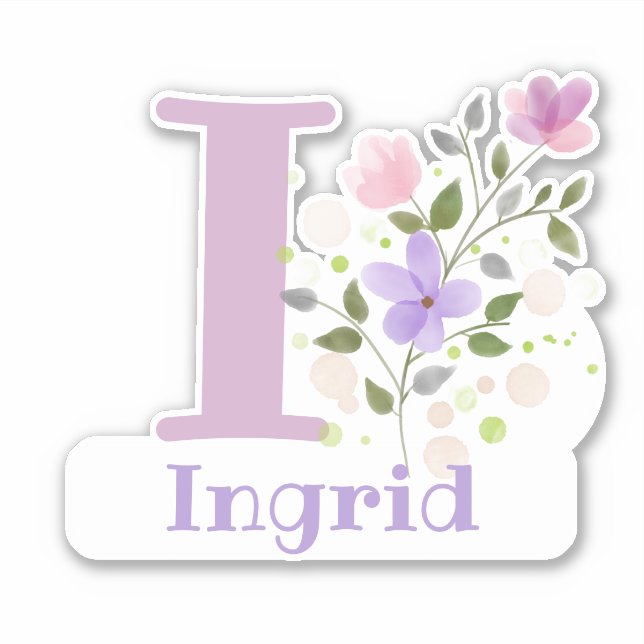 Adesivo Nome Ingrid & Inicial com Design Floral (Frente)