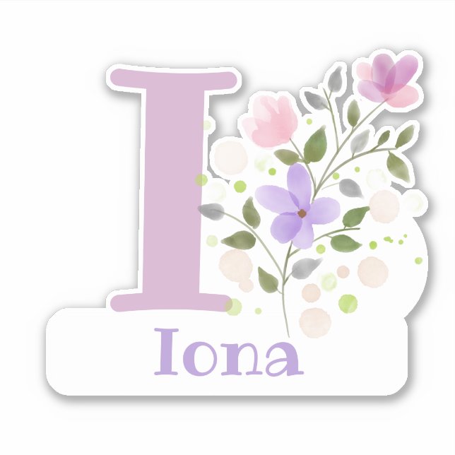 Adesivo Nome Iona & Inicial com Floral Design (Frente)