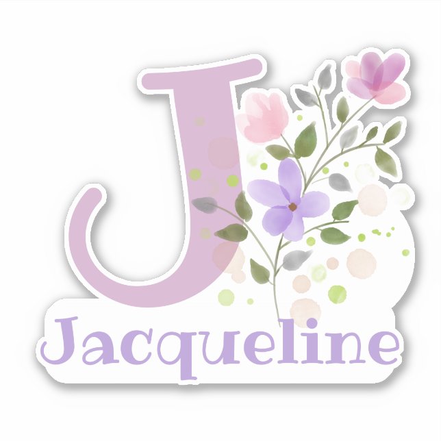 Adesivo Nome Jacqueline & Inicial com Floral Design (Frente)