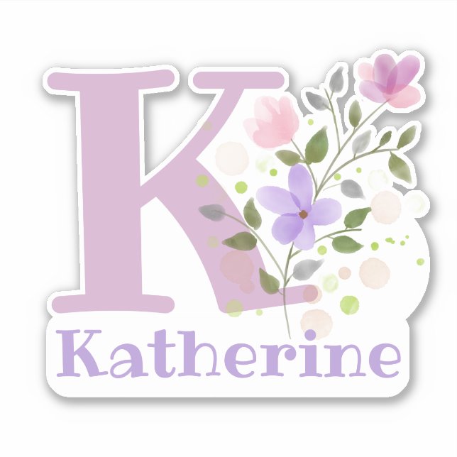 Adesivo Nome Katherine mais Inicial com Design Floral (Frente)