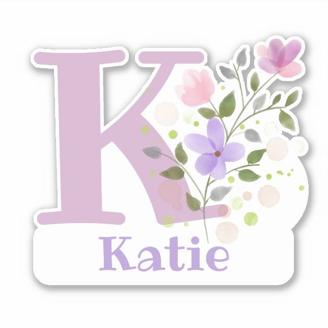 Adesivo Nome Katie & Inicial com Floral Design (Frente)