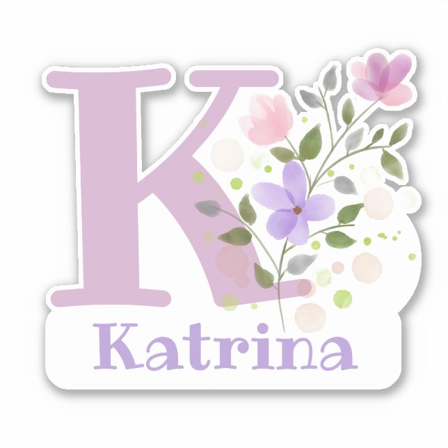 Adesivo Nome Katrina mais Inicial com Floral Design (Frente)