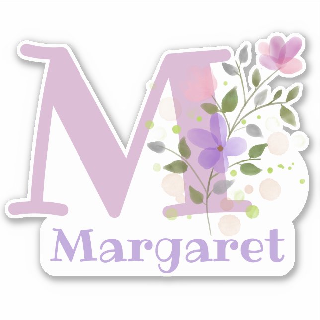 Adesivo Nome Margaret mais inicial com Floral Design (Frente)