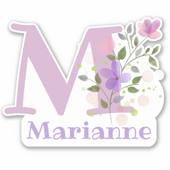 Adesivo Nome Marianne & Inicial com Floral Design (Frente)