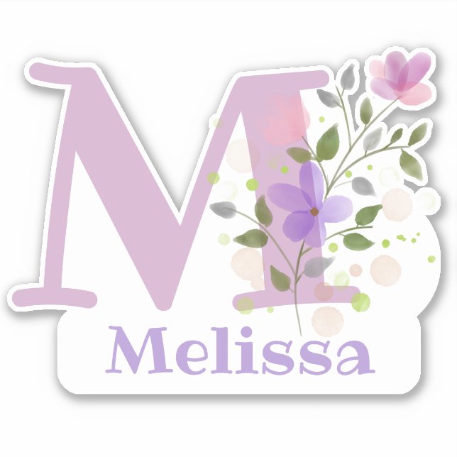 Adesivo Nome Melissa mais Inicial com Floral Design (Frente)