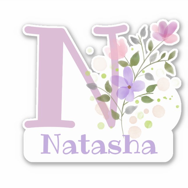Adesivo Nome Natasha & Inicial com Floral Design (Frente)