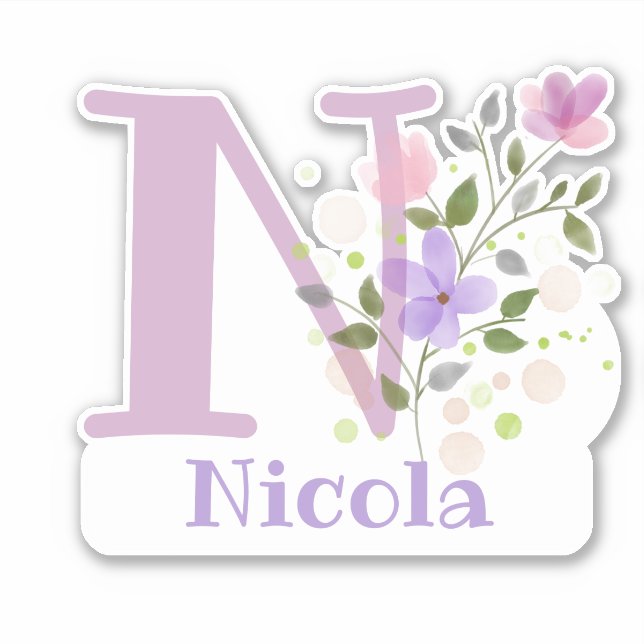 Adesivo Nome Nicola & Inicial com Floral Design (Frente)