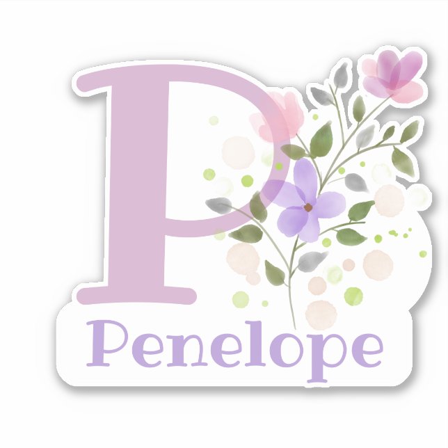 Adesivo Nome Penelope mais inicial com Design Floral (Frente)