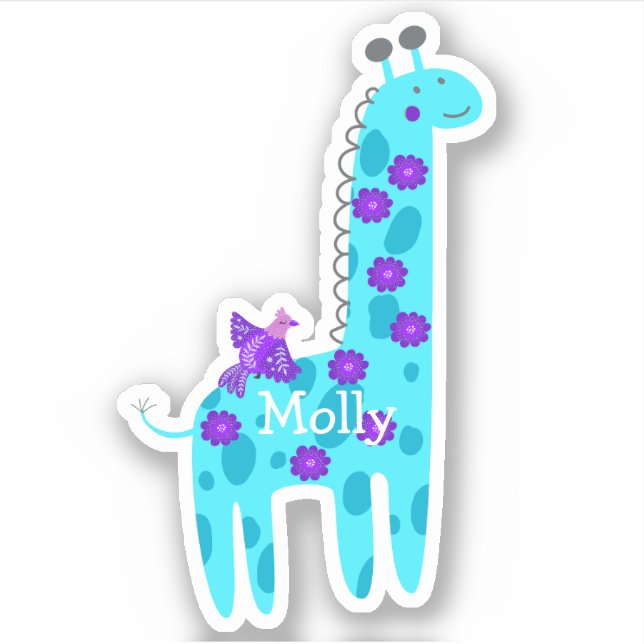 Adesivo Nome Personalizado Turquoise Giraffe Purple Bird L (Frente)
