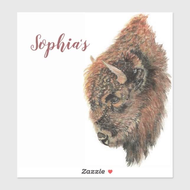 Adesivo Nome Pessoal Watercolor Buffalo, Bison Animal (Folha)