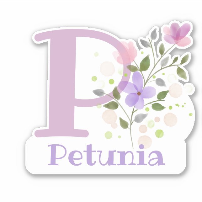 Adesivo Nome Petunia & Inicial com Floral Design (Frente)